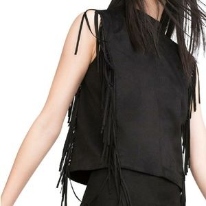 Zara BOHO CHIC Black Suede Fringe Blouse